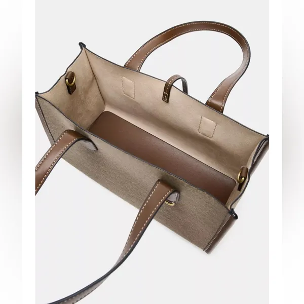 Zara NWT tan brown and taupe woven fabric shopper handbag top handle purse - Image 5