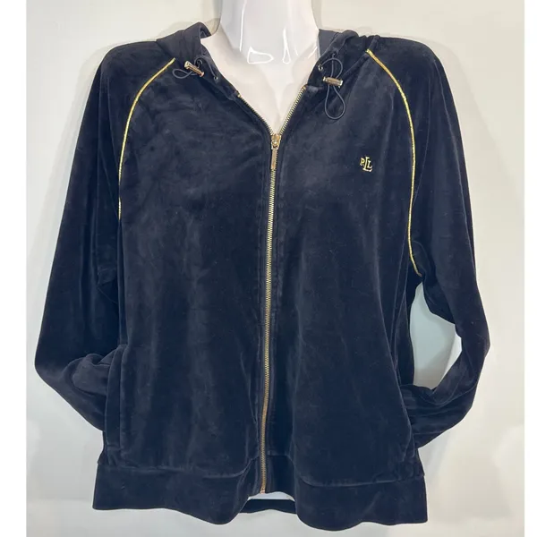 Lauren Ralph Lauren Velvet Zip Up Hoodie Jacket‎ Black Gold RL Logo Women XL - Image 6