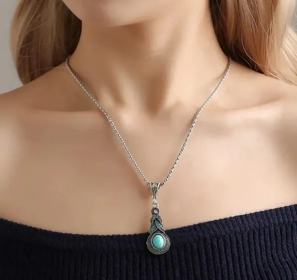 Set 3 pc Vintage Style Blue Crystal Inlaid Turquoise Pendant With Lantern Chain - Image 4