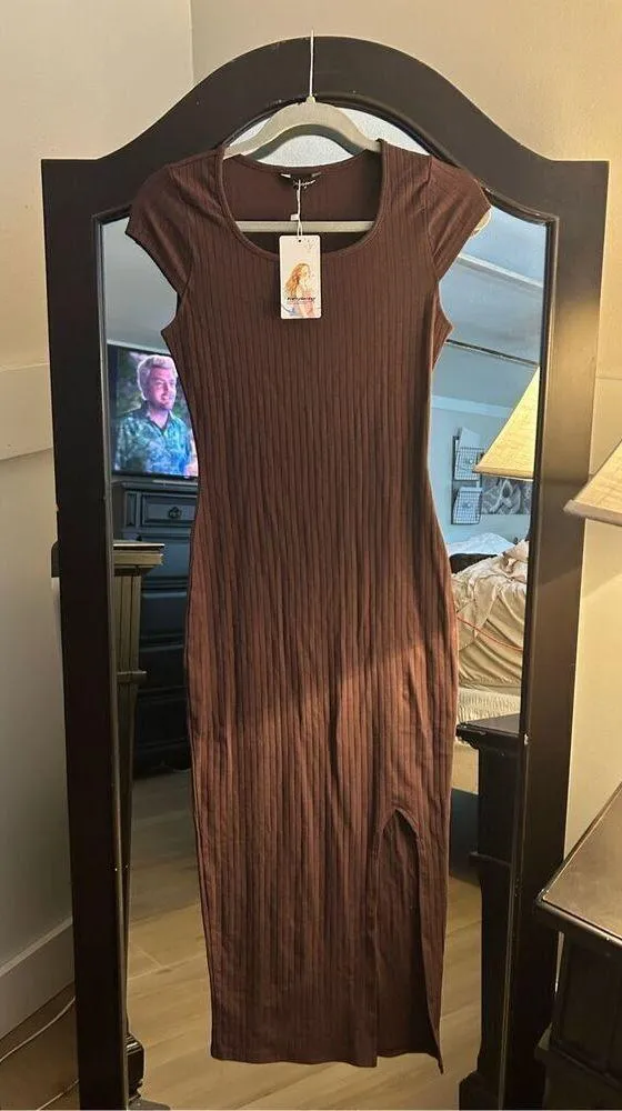 NEW Cap Sleeve Ribbed Knit Fitted Maxi Slit Dress S - Image 5