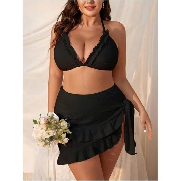 Boutique Black 3 Piece Plus Size 1XL Lettuce Trim Bikini Halter Triangle Swimsuit w/ Wrap - Image 6