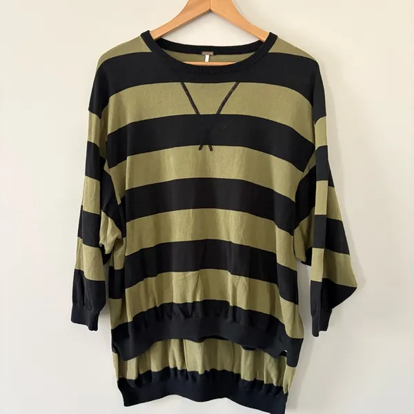Free People Surfin On Your Stripes Sweater Top High Low Oversized Moss Size XS/S - Image 4
