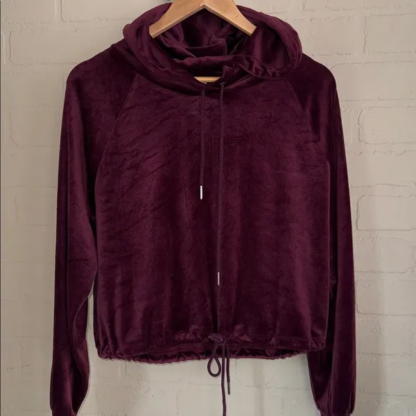 Garage velour cropped long sleeve hoodie Plush Burgundy large drawstring soft - Image 2