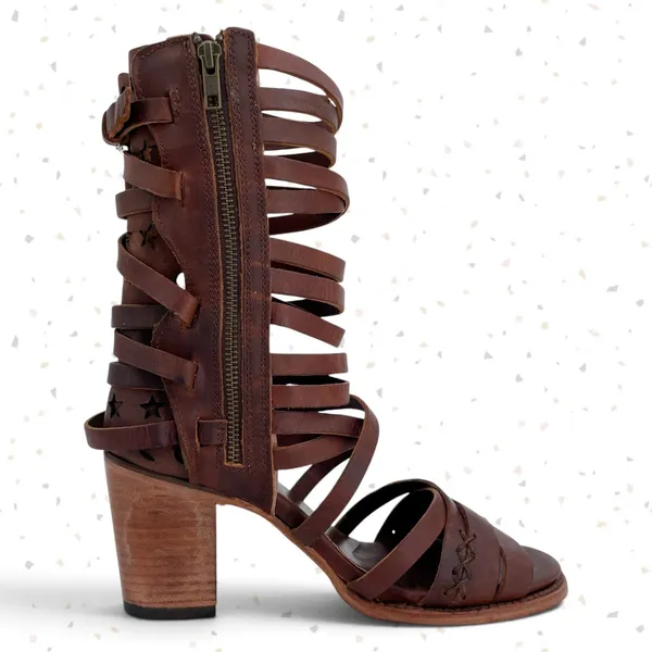 Freebird by Steven Makala Cognac Stars Moons Tall Leather Heeled Sandal Size 10 - Image 4