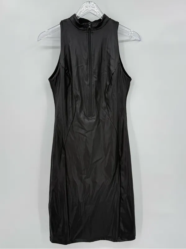 Popilush Shapewear Sculpting Faux Leather Zip Bodycon Dress Black Large NEW - Image 4