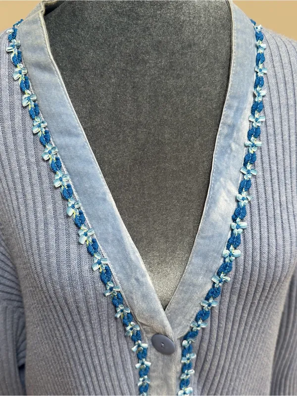 Vintage April too! Cornell long sweater coat duster cardigan blue velvet floral - Image 2