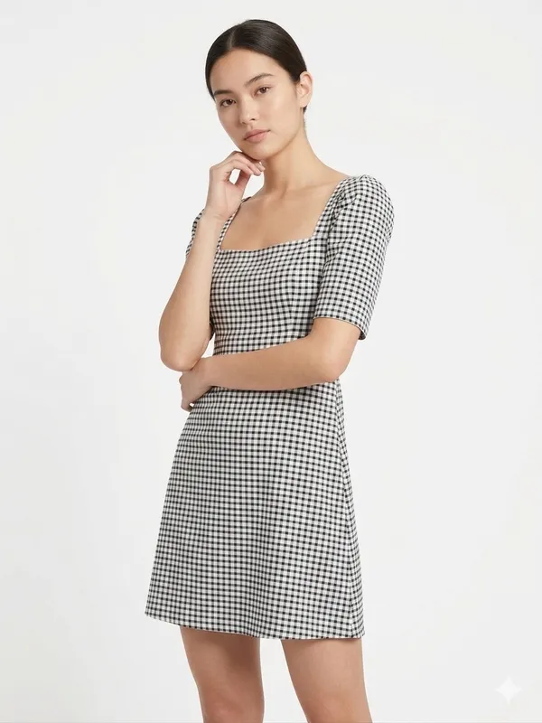 Zara Black and White Checkered Mini Dress - Size Medium - Image 3