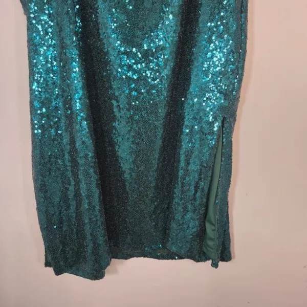 ELOQUII Sequin Midi Skirt 28 Emerald Teal Green Elastic Waist Side Slit Party - Image 6