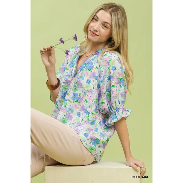 Umgee Mix Floral Print Ruffle Top - Blue mix -‎ Small - Image 4