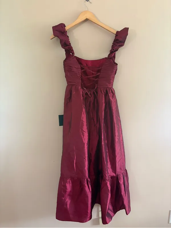 Lulus Poised Passion Wine Red Taffeta Pleated Ruffled Midi Dress Size XS formal - Image 5
