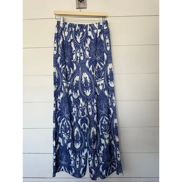 Shall We Women’s Large Blue White Patterned Wide Leg Pants Pull On - Image 2