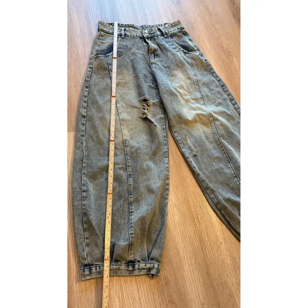 Acid Wash Wide Leg Barrel Jeans Distressed Balloon Denim Light Blue Streetwear - Image 4