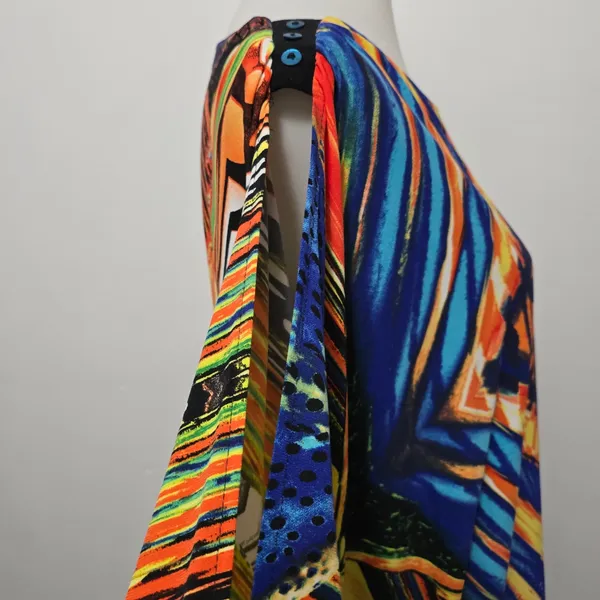 Bali M Multicolor Abstract Cold Shoulder Split Sleeve Top Lagenlook Avante Garde - Image 7