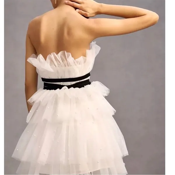 NWT Anthropologie Maeve Tiered Strapless Tulle Pearl Belted Mini Dress White 8 - Image 4