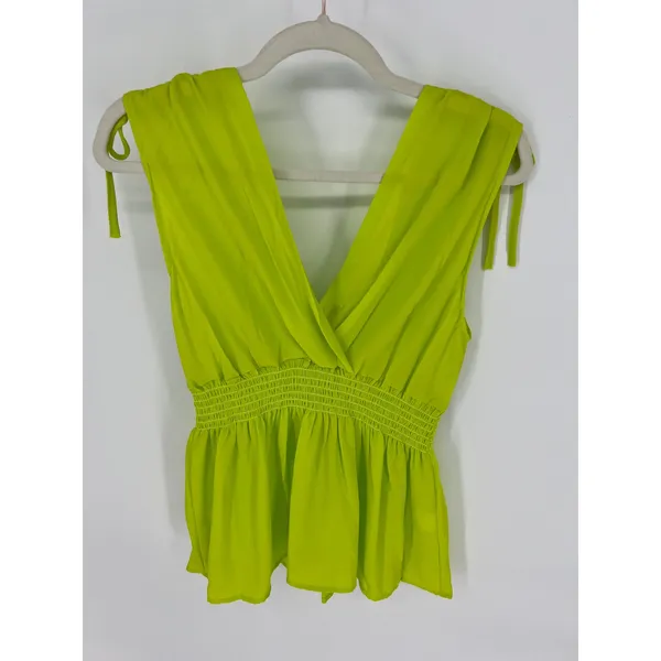 JON & ANNA Peplum Top Women XL Neon Lime Green Tie Shoulder V-Neck Smocked‎ NWT - Image 6