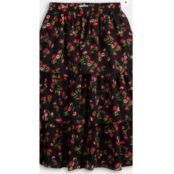 Draper James RSVP Black Red Floral Tiered Midi Skirt Elastic Waist Large L - Image 2
