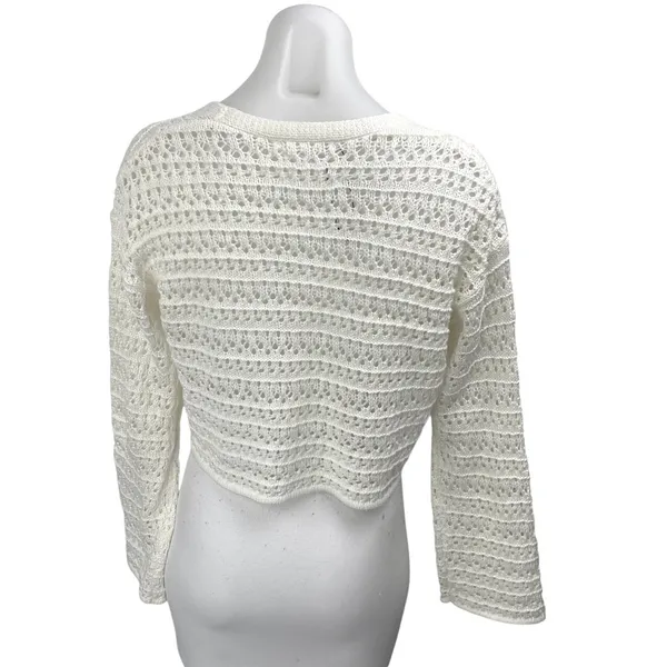 Women's White Crochet Knit Long Sleeve V Neck Crop Button Up Cardigan Sweater 14 - Image 2
