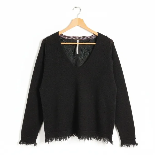 Free People Fringed V-Neck Solid Knit Sweater Black Boho Raw Edge Size S - Image 3