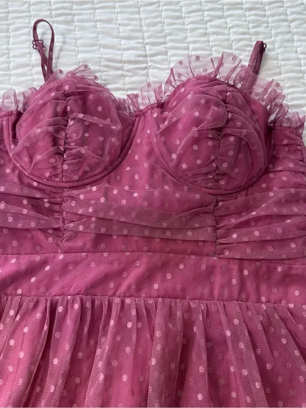 Lulu's Sweetheart Style Mauve Polka Dot Bustier Tiered Midi Dress Size S - Image 15