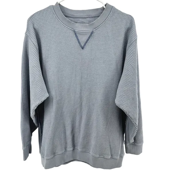 Aerie Waffle Thermal Long Sleeve Knit Pullover Crew Neck Oversized Blue Medium - Image 2