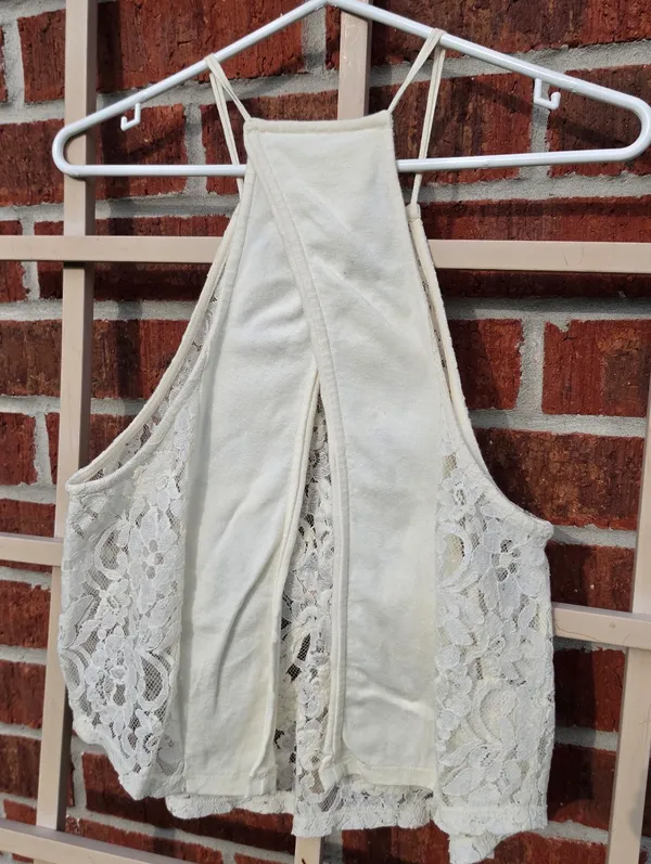 Free People•Cream Lace Open Crossover Back High Neck Sleeveless Top Size XS - Image 5