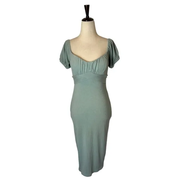 Angel Biba Dress Women Medium Green Knit‎ Sweetheart Neck Tie Waist Sheath Midi - Image 3