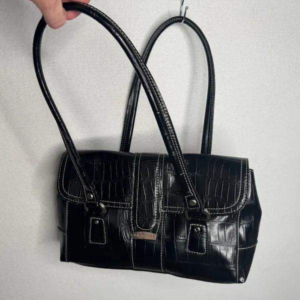 Liz Claiborne Y2K Black Croc Embossed Double Handle Shoulder Bag Purse - Image 3