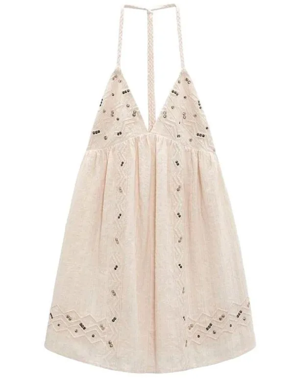 ZARA Mini Dress with Studs Sleeveless V-Neck Braided Straps Ecru White XL NWT - Image 10