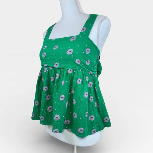 Entro Green Floral Babydoll Top with Bow Tie Spring Open Back Detail MEDIUM - Image 8