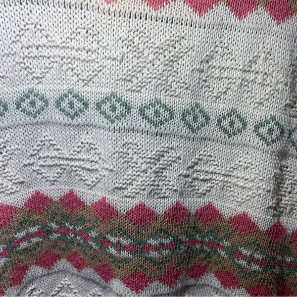 Vintage Textured Scoop Neck Sweater - White with Pink & Sage Pattern - Image 5