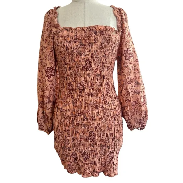 Free People Smock It To Me Mini Dress Apricot Combo Small Boho Fall Cottagecore - Image 4