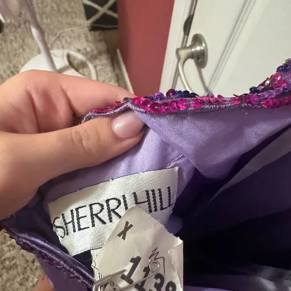 Sherri Hill Lavender Purple Plunging Evening Gown with Beaded Waist - Image 4