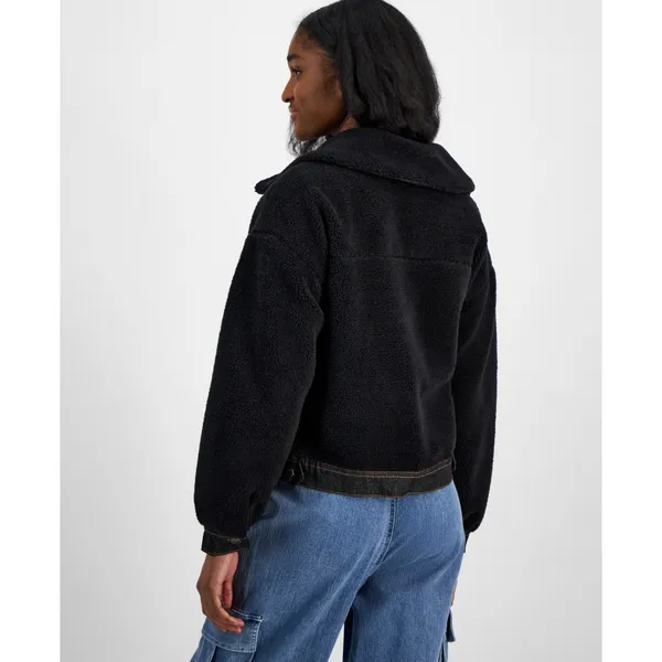 Madden Girl Juniors Denim Sherpa Jacket Size M Black Denim-Trim Fleece Buttons‎ - Image 3