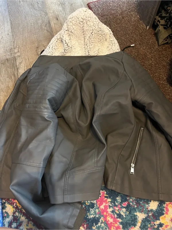 Novish Womens Gray Faux Leather Jacket with Sherpa Hood - Image 14