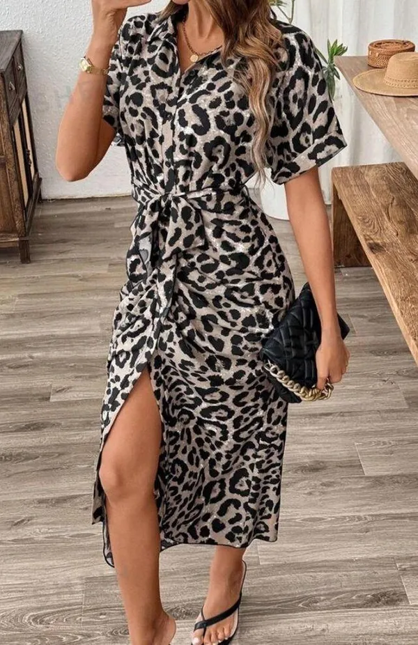 Abstract Print (NOT Animal Print) Short Sleeve Button Down Tie Dress - Image 5