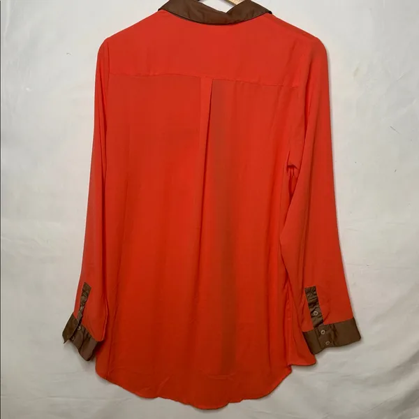 Free People sheer coral satin finish trim button down long sleeve shirt top sz L - Image 7