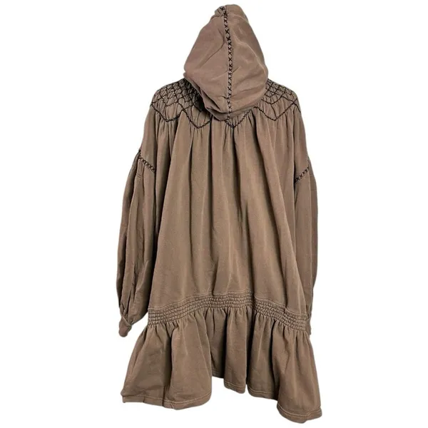 Free People Bohemian Marty Smocked Mini Dress Brown Bear Sweatshirt Tunic Medium - Image 13