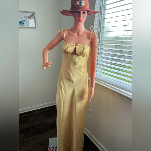 Commense Satin Maxi Dress Gold Cutout Tie Strap Size S - Image 3