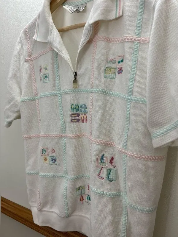 Vintage 80s Beach Grandma Pastel Polo Short Sleeve Top Size Medium 90s - Image 2