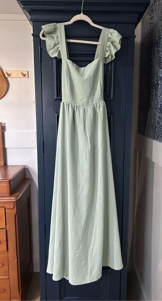 NEW Flutter Sleeve Square Neck Tie Back A-Line Maxi Dress Pocket XL - Image 3