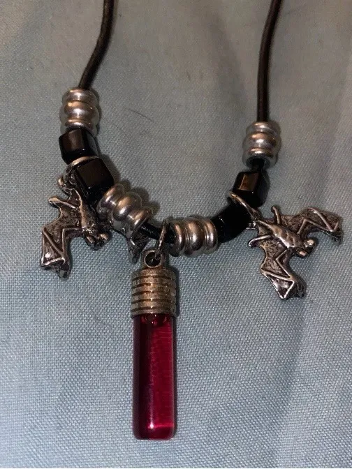 20” Necklace Bat Charms & Garnet Crystal On Black Rope Goth Punk Witchy Gothic - Image 3