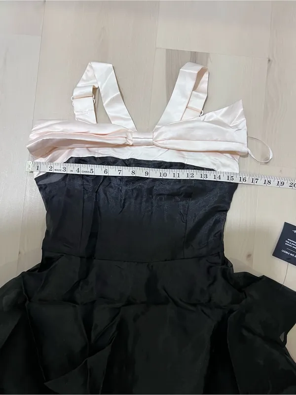 Lulus NWT Women Small Black Cream Satin Ruffle Tiered Midi Dress Balletcore Chic - Image 10