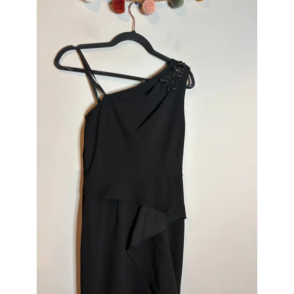 Adrianna Papell One Shoulder Ruffled Crepe Gown With Beaded Accent In Black - Image 3