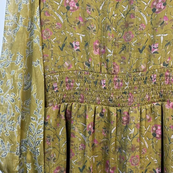 House of Harlow 1960 Mustard Floral Smocked Long Sleeve Flowy Smocked dress M - Image 7