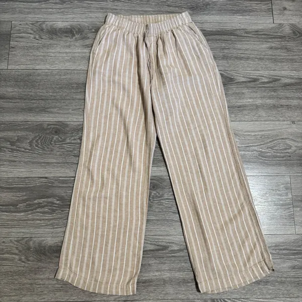 Briggs Womens Small Pants‎ Tan White Striped Wide Leg Linen Blend Elastic Waist - Image 3