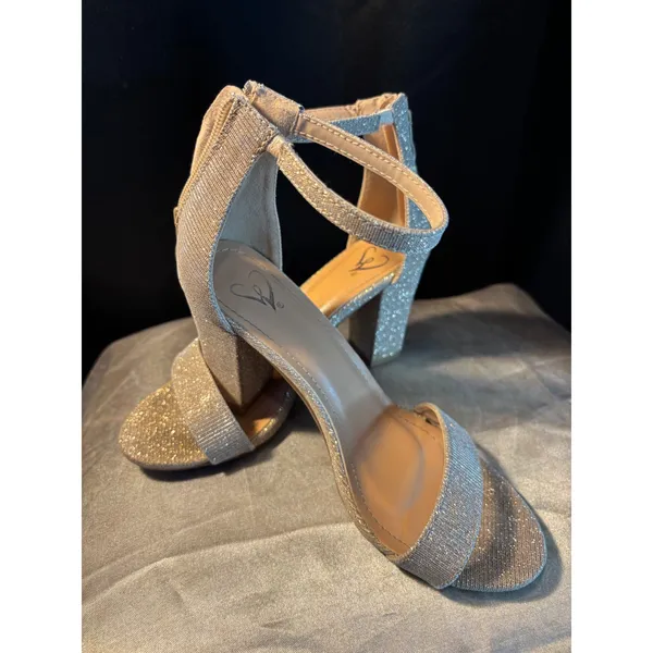 Windsor Champagne Gold Glitter Block Heels Ankle Strap Sandals Formal Evening - Image 2