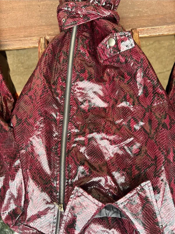 New Y2K 2000s style pleather snakeskin burgundy belted motorcycle jacket S nwot - Image 2