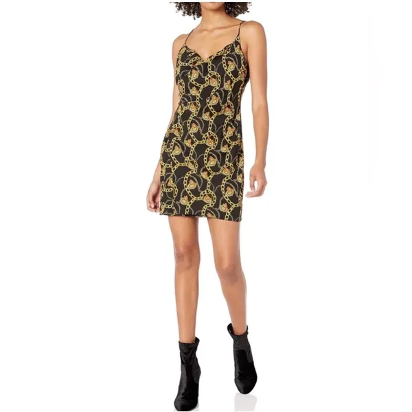 ASTR the Label Chain Print Faux Wrap Mini Dress XS Black Gold V Neck - Image 9