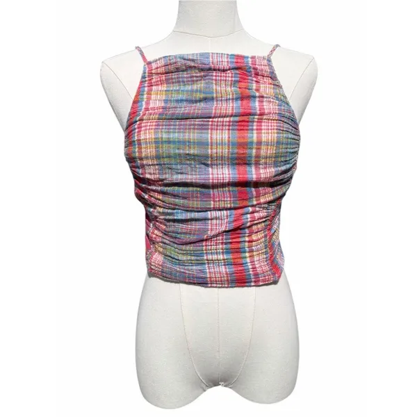 Free People Real Love Crop Top Women’s S Red Blue Plaid Ruched Wrap Y2K Boho - Image 3