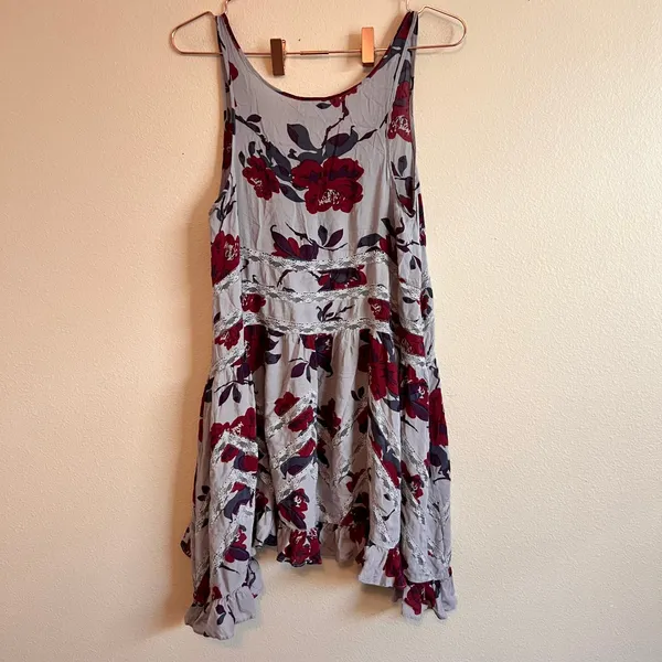 Free People Slip Dress Womens Small Grey Burgundy Voile Lace Trapeze Boho Mini - Image 8